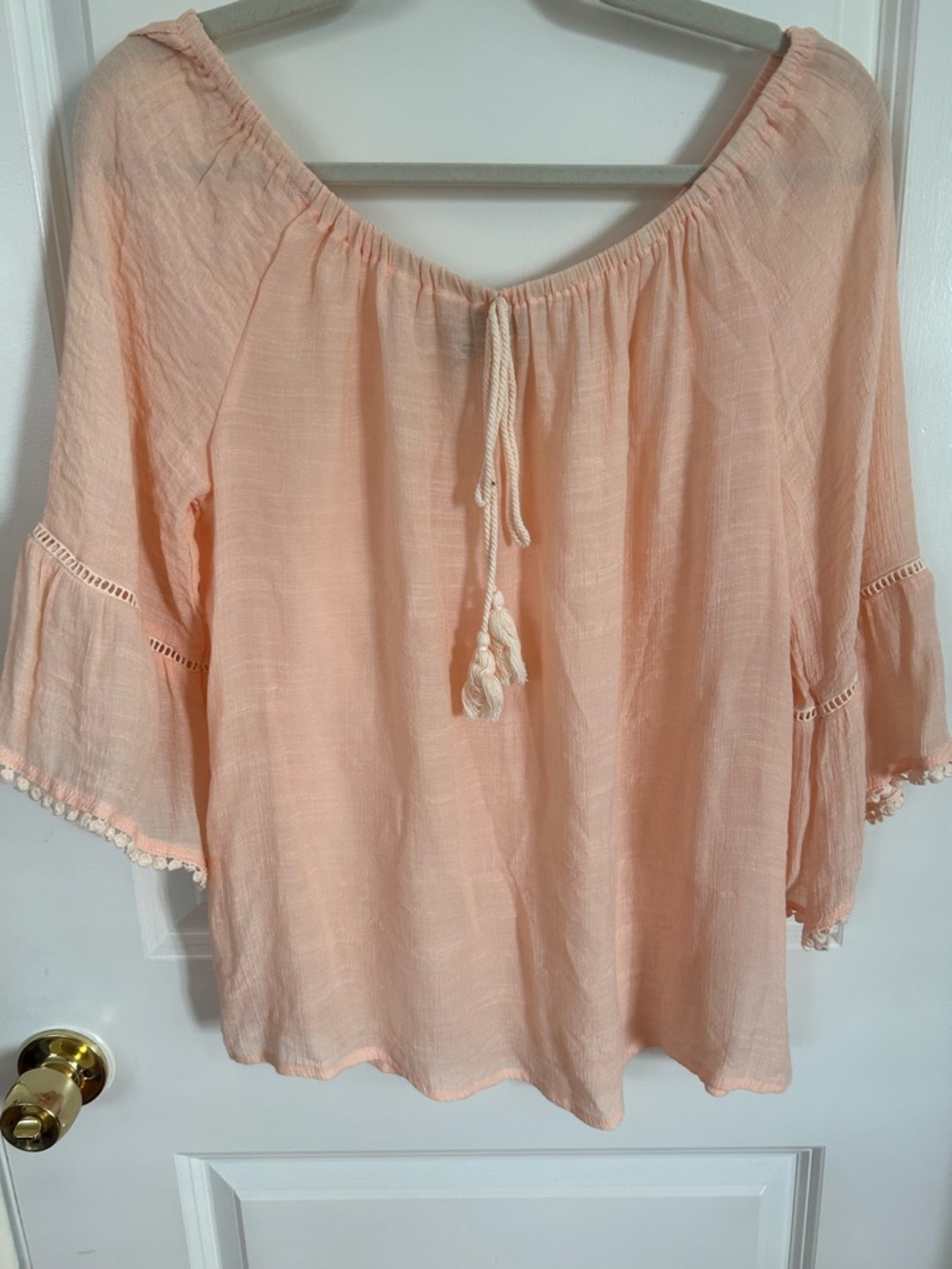 Peach Off-Shoulder Peasant Top with Tassel Tie